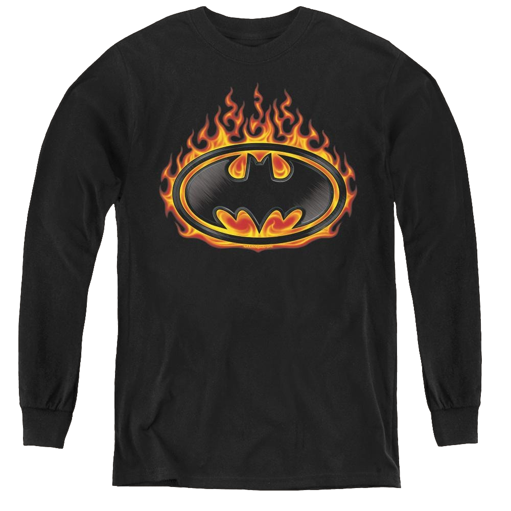 Dc Batman Bat Flames Shield - Youth Long Sleeve T-Shirt Youth Long Sleeve T-Shirt Batman   