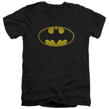 Black men's v-neck t-shirt with Batman Washed Bat Logo graphic