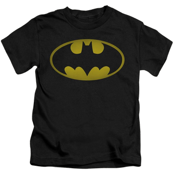 Black kid's t-shirt for ages 4 to 7 with DC Batman Washed Bat Logo graphic