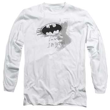 White men's long sleeve t-shirt with Batman I Am Vengeance graphic