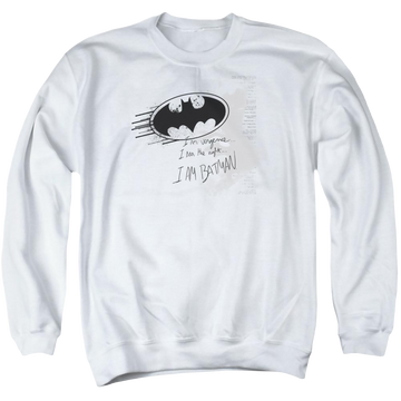 White men's crewneck sweatshirt with Batman I Am Vengeance graphic