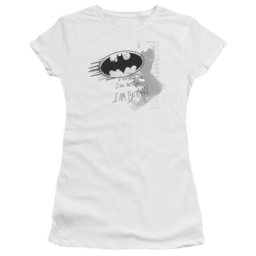 White juniors t-shirt with Batman I Am Vengeance graphic