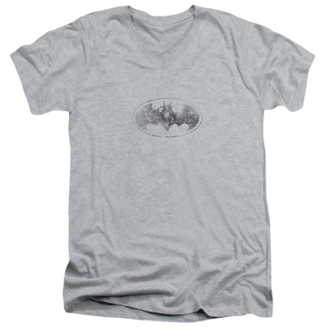 Athletic heather men's v-neck t-shirt with Batman Burned & Splattered graphic