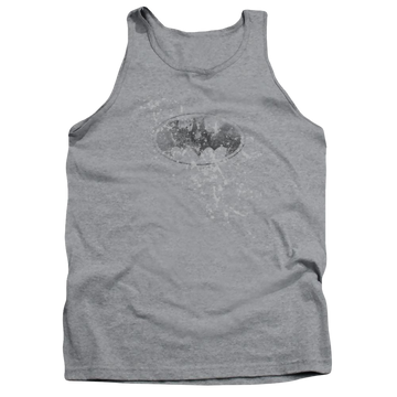 Athletic heather men's tank with Batman Burned & Splattered graphic