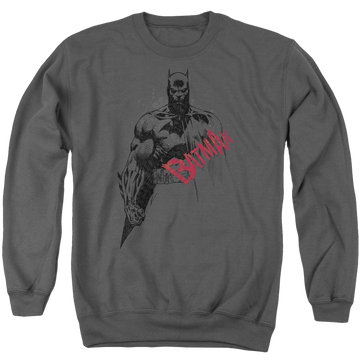Charcoal men's crewneck sweatshirt with Batman Sketch Bat Red Logo graphic