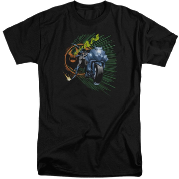 Black men's tall fit t-shirt with Batman Batcycle graphic
