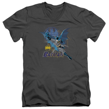 Charcoal men's v-neck t-shirt with Batman Cape Outstretched graphic