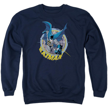 Navy men's crewneck sweatshirt with Batman In The Crosshairs graphic