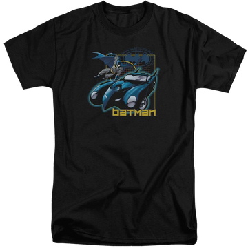 Black men's tall fit t-shirt with Batman Nice Wheels graphic