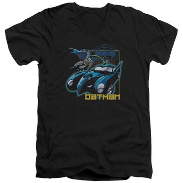Black men's v-neck t-shirt with Batman Nice Wheels graphic
