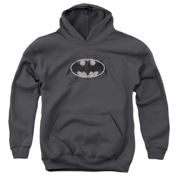 Charcoal youth hoodie for ages 8 to 12 with DC Batman Arcane Bat Logo graphic