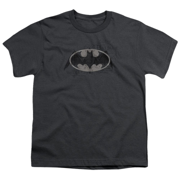 Charcoal youth t-shirt for ages 8 to 12 with DC Batman Arcane Bat Logo graphic