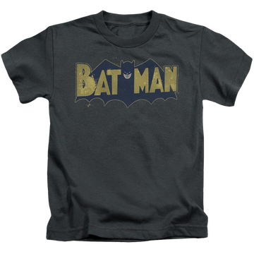 Charcoal kid's t-shirt for ages 4 to 7 with DC Batman Vintage Logo Splatter graphic