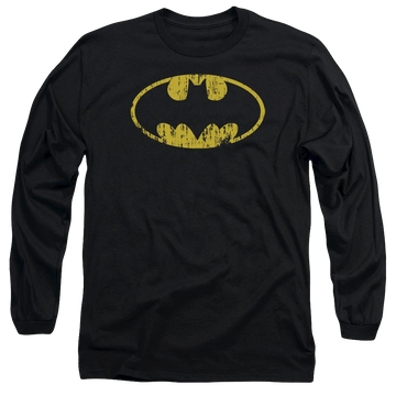 Black men's long sleeve t-shirt with Batman Classic Logo Distressed graphic