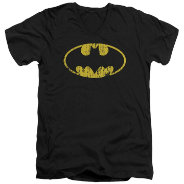 Black men's v-neck t-shirt with Batman Classic Logo Distressed graphic