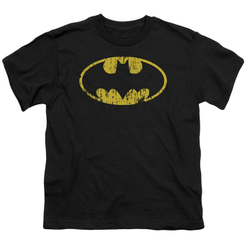 Black youth t-shirt for ages 8 to 12 with DC Batman Classic Logo Distressed graphic