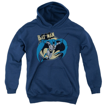 Navy youth hoodie for ages 8 to 12 with DC Batman Through The Night graphic