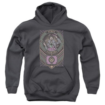 Charcoal youth hoodie for ages 8 to 12 with Joker Checkered Sign graphic