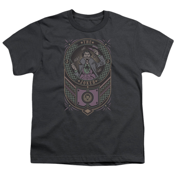 Charcoal youth t-shirt for ages 8 to 12 with Joker Checkered Sign graphic