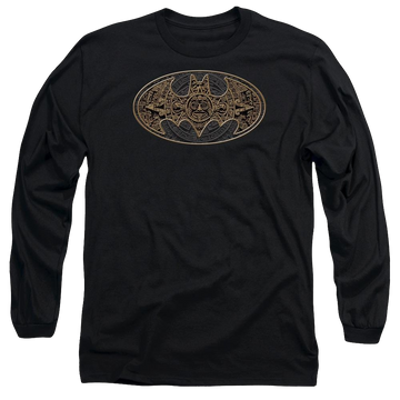 Black men's long sleeve t-shirt with Dc Batman Aztec Bat Logo graphic