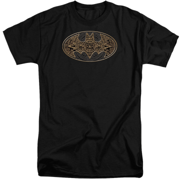 Black men's tall fit t-shirt with Batman Aztec Bat Logo graphic