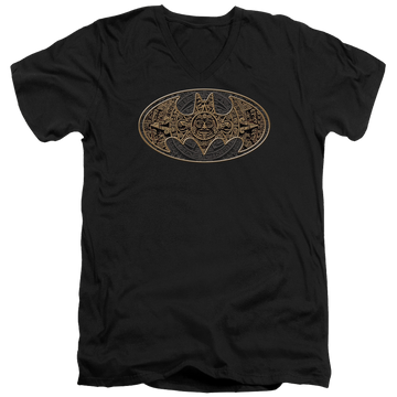 Black men's v-neck t-shirt with Batman Aztec Bat Logo graphic