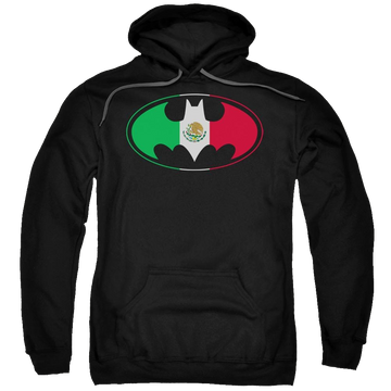 Black pullover hoodie with Batman Mexican Flag Shield graphic
