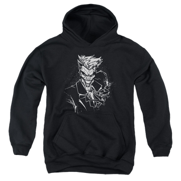 Black youth hoodie for ages 8 to 12 with Jokers Splatter Smile graphic
