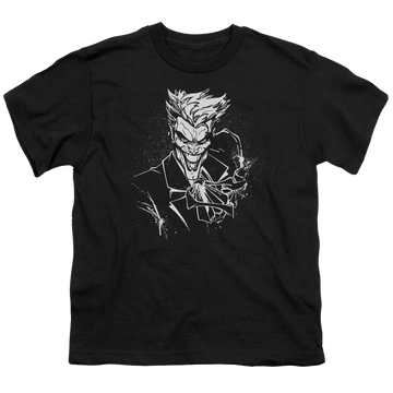 Black youth t-shirt for ages 8 to 12 with Jokers Splatter Smile graphic