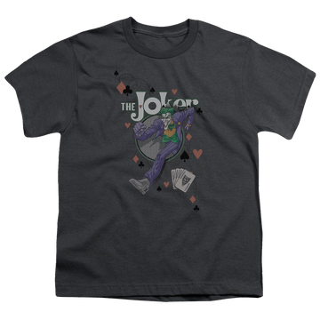 Charcoal youth t-shirt for ages 8 to 12 with Always A Joker graphic