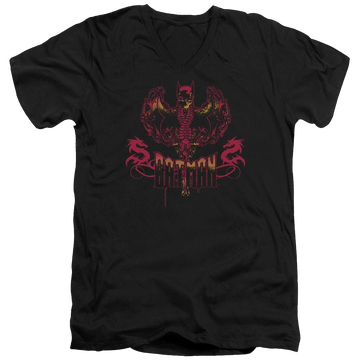Black men's v-neck t-shirt with Batman Heart Of Fire graphic