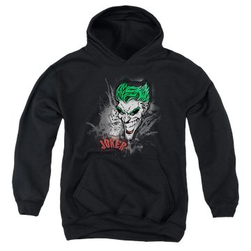 Black youth hoodie for ages 8 to 12 with Joker Sprays The City graphic