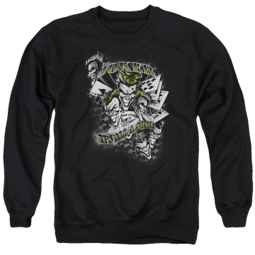 Black men's crewneck sweatshirt with Batman Its All A Joke graphic