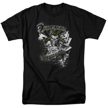Black men's regular fit t-shirt with Batman Its All A Joke graphic