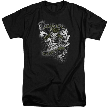 Black men's tall fit t-shirt with Batman Its All A Joke graphic