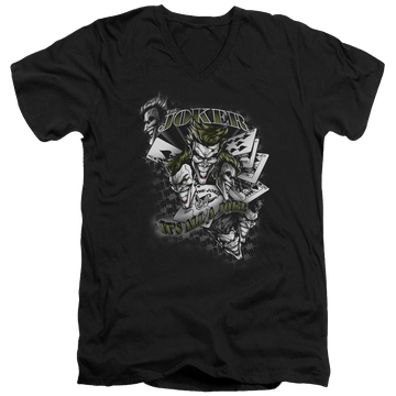 Black men's v-neck t-shirt with Batman Its All A Joke graphic