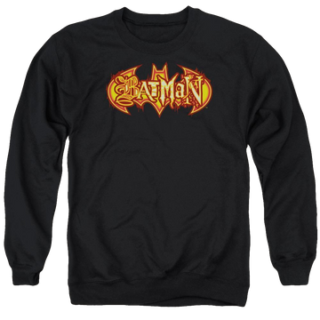 Black men's crewneck sweatshirt with Batman Fiery Shield graphic
