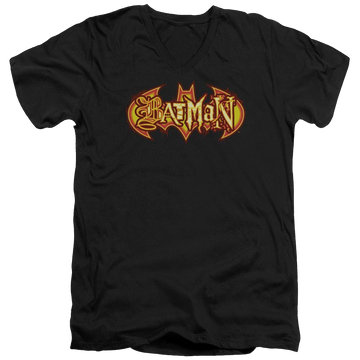 Black men's v-neck t-shirt with Batman Fiery Shield graphic