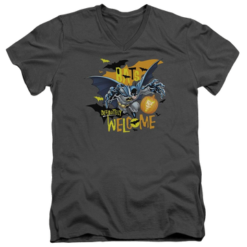 Charcoal men's v-neck t-shirt with Batman Bats Welcome graphic