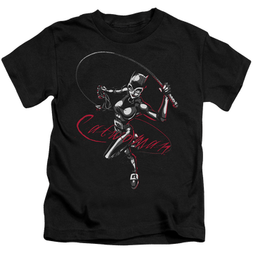 Black kid's t-shirt for ages 4 to 7 with Catwoman Kitten With A Whip graphic