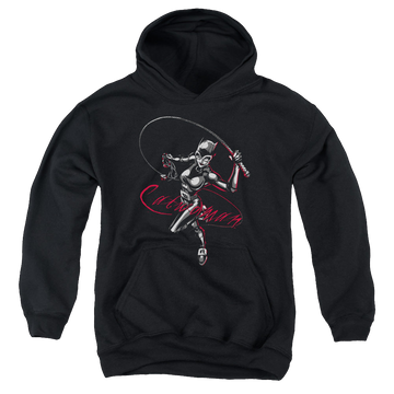 Black youth hoodie for ages 8 to 12 with Catwoman Kitten With A Whip graphic