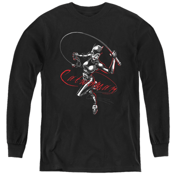 Black youth long sleeve t-shirt with Catwoman Kitten With A Whip graphic