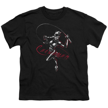 Black youth t-shirt for ages 8 to 12 with Catwoman Kitten With A Whip graphic