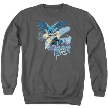 Charcoal men's crewneck sweatshirt with Batman Into The Night graphic