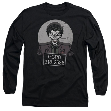 Black men's long sleeve t-shirt with Batman Busted! graphic
