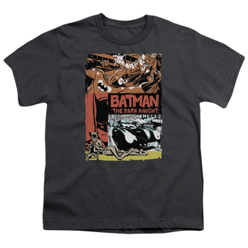 Charcoal youth t-shirt for ages 8 to 12 with DC Batman Old Movie Poster graphic