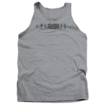 Athletic heather men's tank with Batman Skateboard Bats graphic