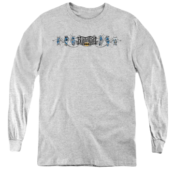 Athletic heather youth long sleeve t-shirt with Dc Batman Skateboard Bats graphic