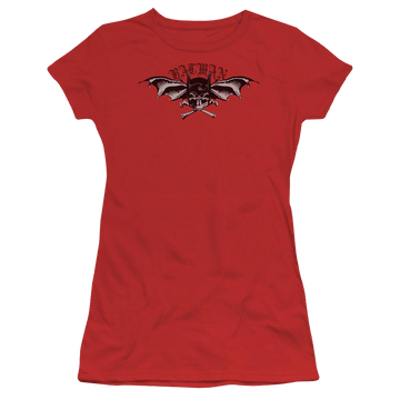 Red juniors t-shirt with Batman Wings Of Wrath graphic