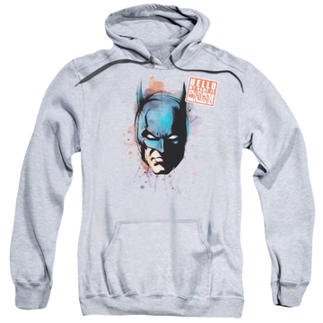 Athletic heather pullover hoodie with DC Batman Hello graphic